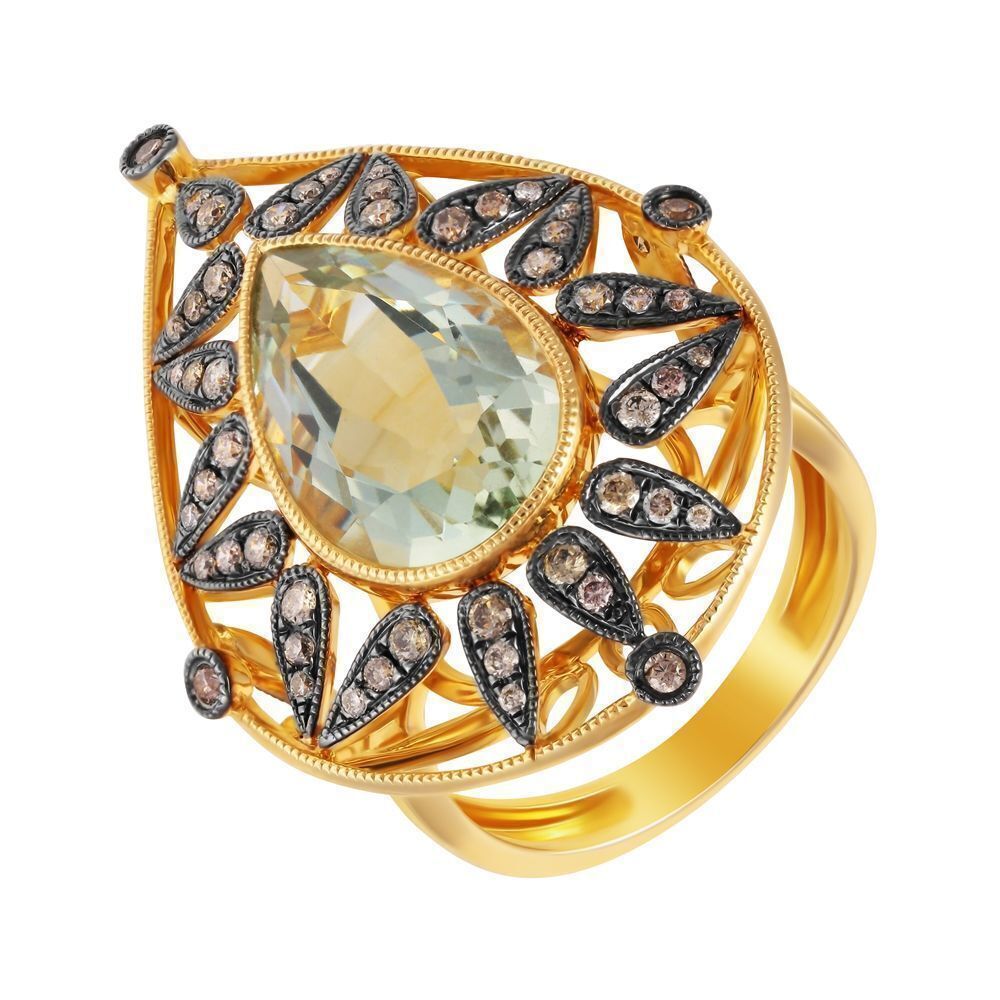 Кольцо из золота 585 пробы с празиолитом и бриллиантами (17,5)