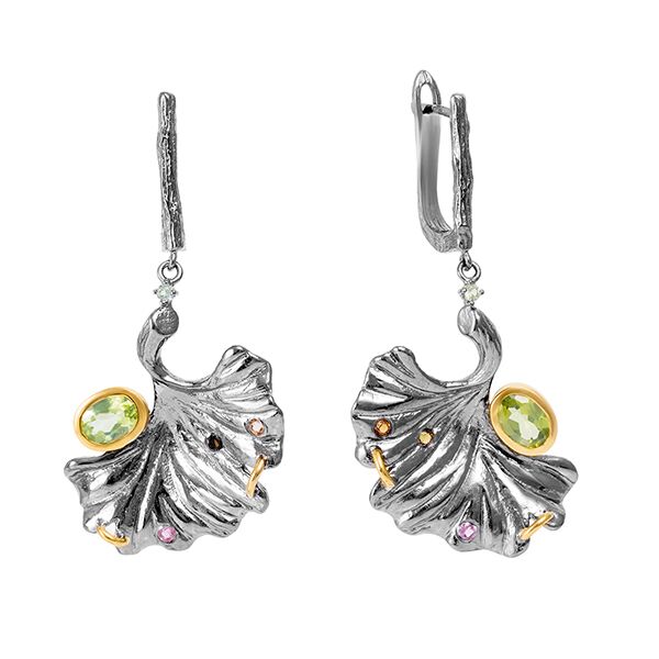 Серьги из серебра 925 пробы с перидотами и турмалинами