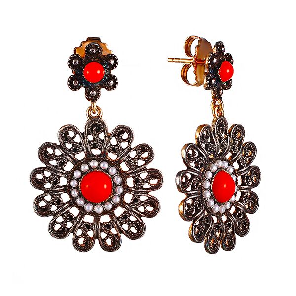 Серьги из серебра 925 пробы с кораллами и культивированным жемчугом