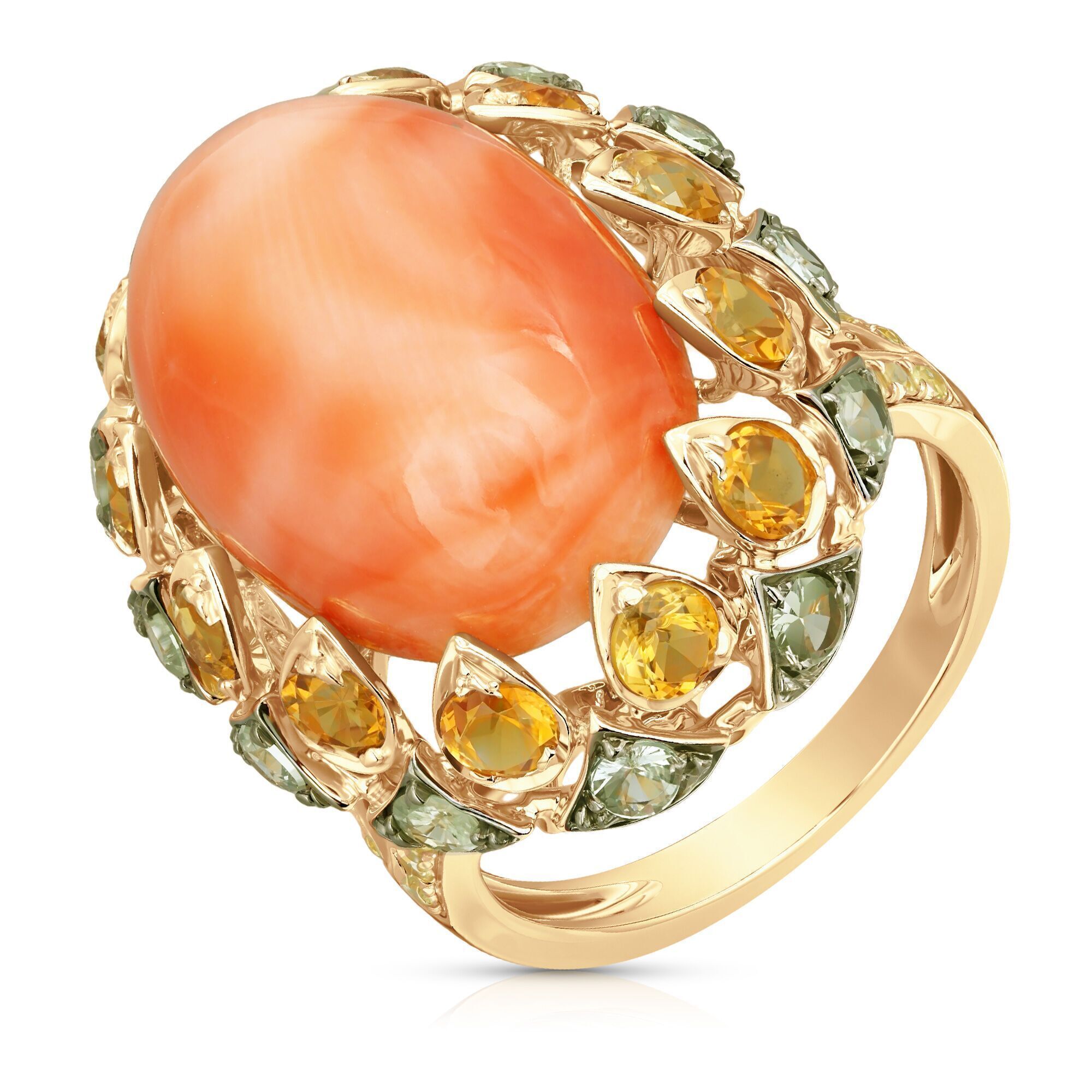 Кольцо из золота 585 пробы с кораллом, бриллиантами, сапфирами и цитринами (17)