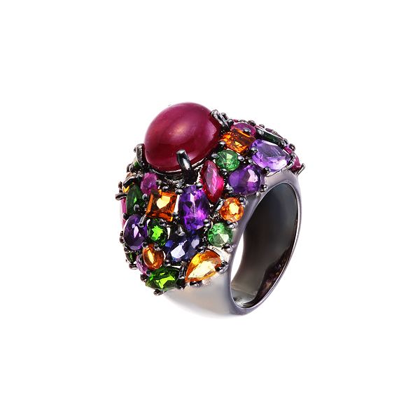 Кольцо из серебра 925 пробы с рубином облагороженным, цветными полудрагоценными камнями и сапфирами