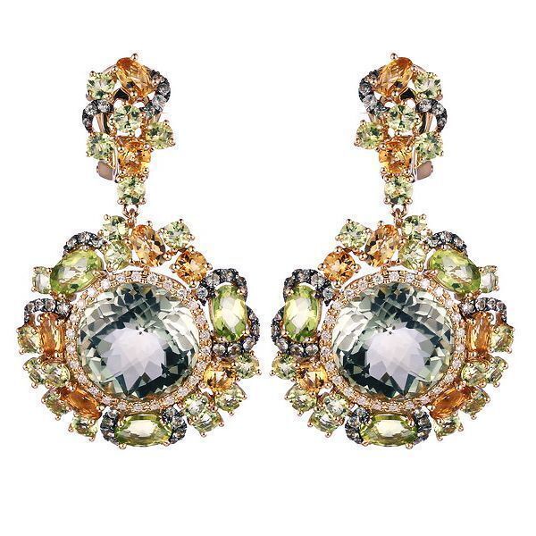 Серьги из золота 585 пробы с празиолитами, бриллиантами, сапфирами, цитринами и перидотами