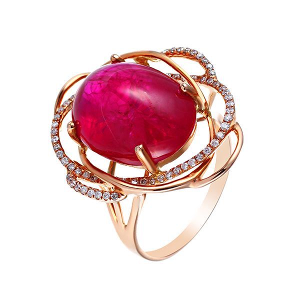 Кольцо из розового золота 585 пробы с рубином выращенным и бриллиантами