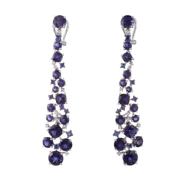 Серьги из белого золота 585 пробы с топазами лондон, бриллиантами, сапфирами и иолитами