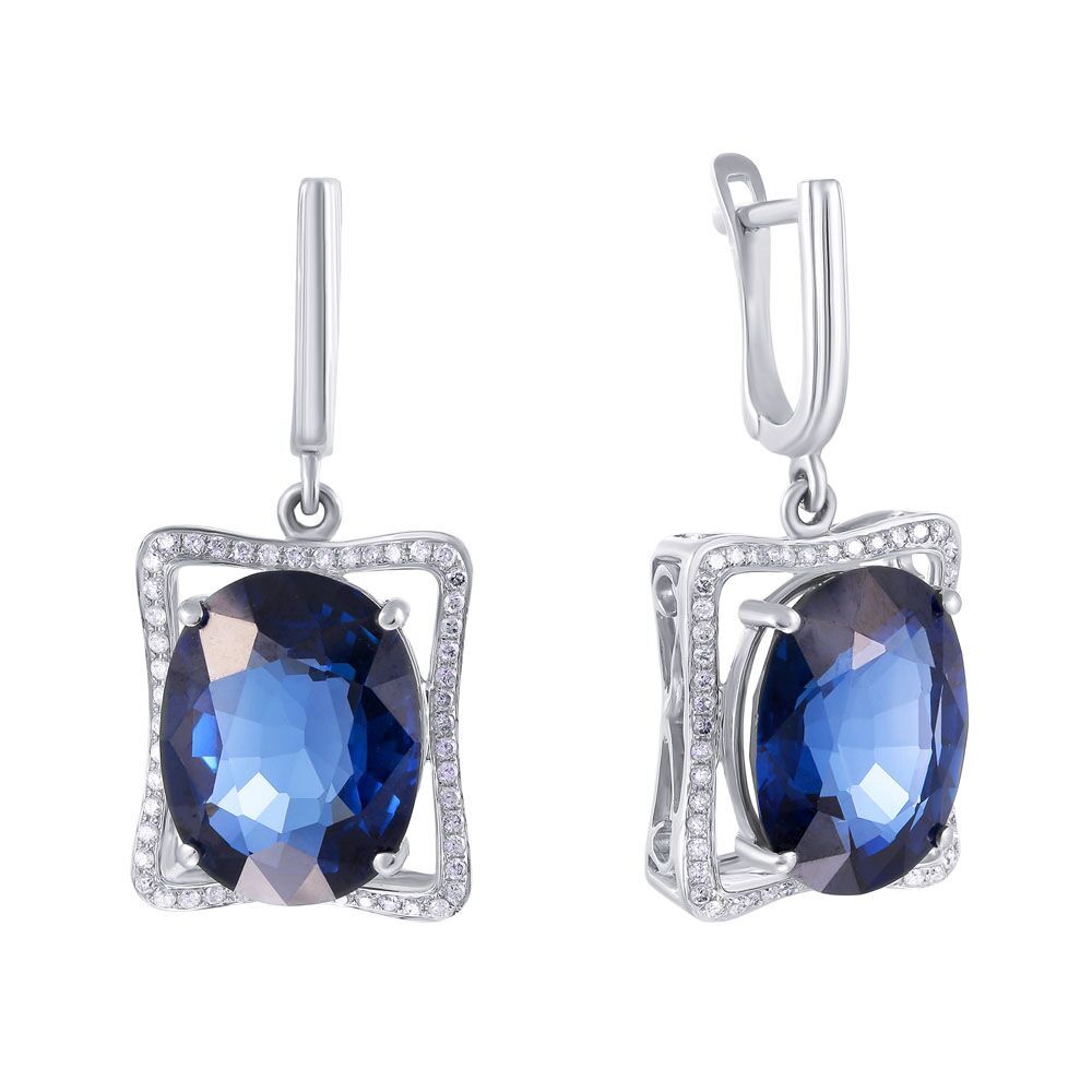 Серьги из белого золота 585 пробы с бриллиантами и выращенными сапфирами