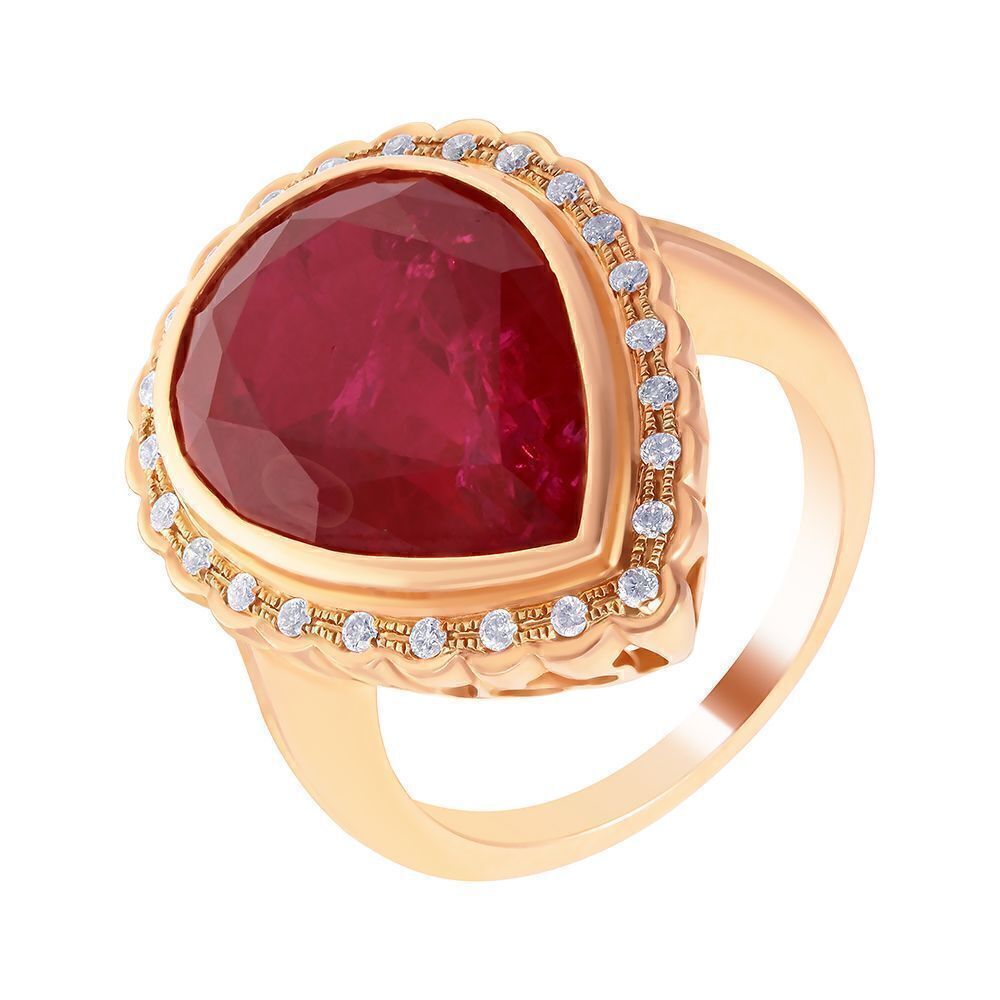 Кольцо из розового золота 585 пробы с рубином выращенным и бриллиантами (17,5)