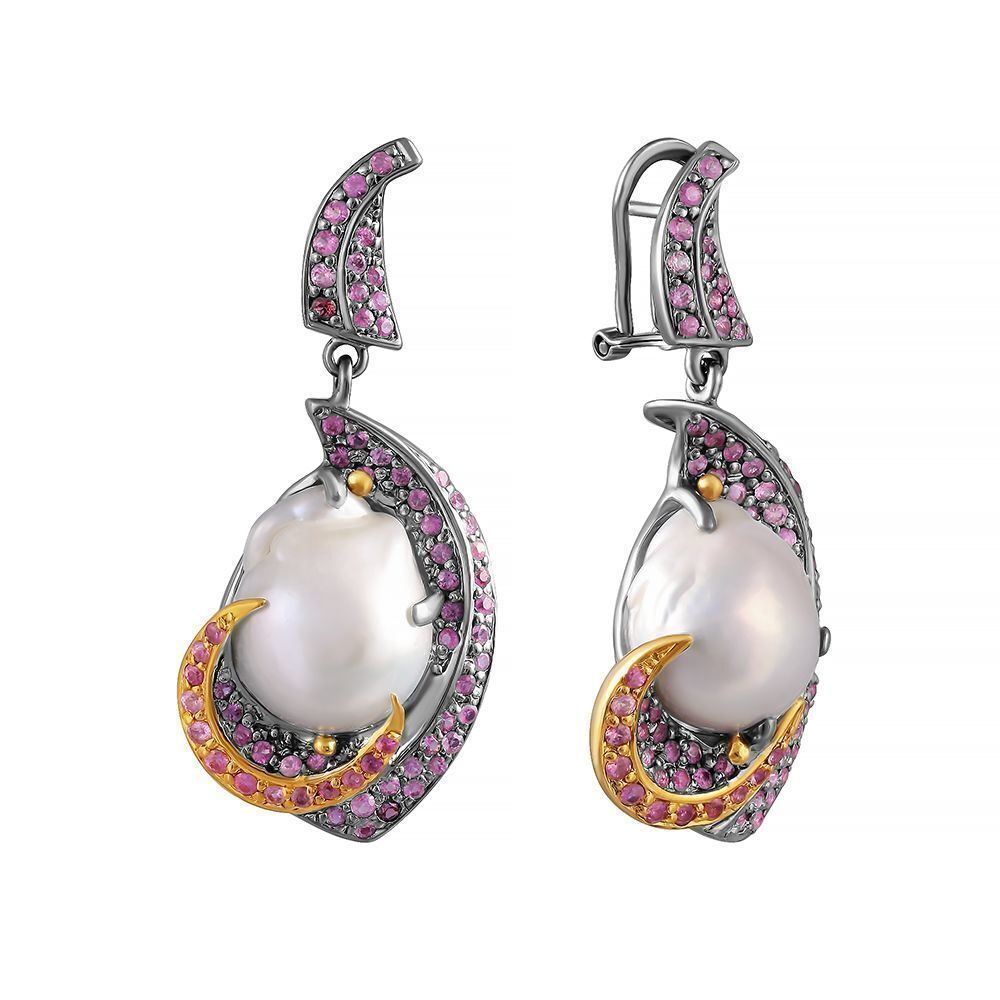 Серьги из серебра 925 пробы с барочным жемчугом и корундами