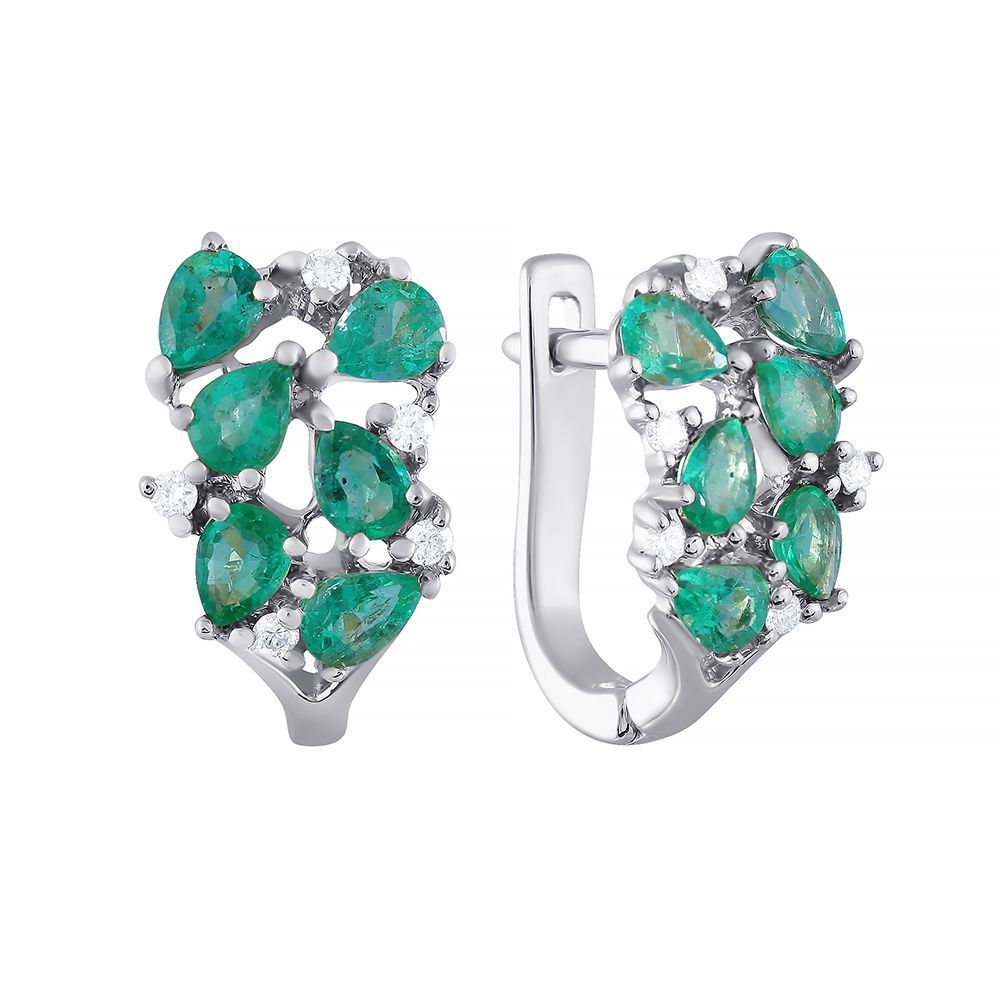 Серьги из белого золота 585 пробы с бриллиантами и изумрудами