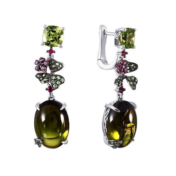 Серьги из белого золота 585 пробы с турмалинами, рубинами, сапфирами, цаворитами и перидотами