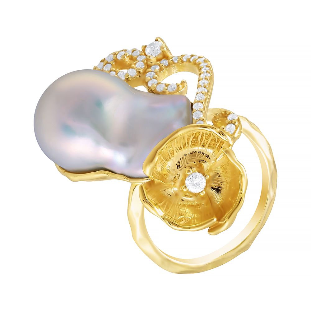 Кольцо из серебра 925 пробы с барочным жемчугом и фианитами (18)