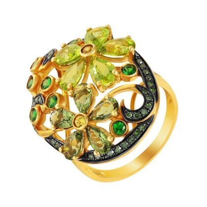 Кольцо из золота 585 пробы с цветными полудрагоценными камнями, бриллиантами и сапфирами (17,5)