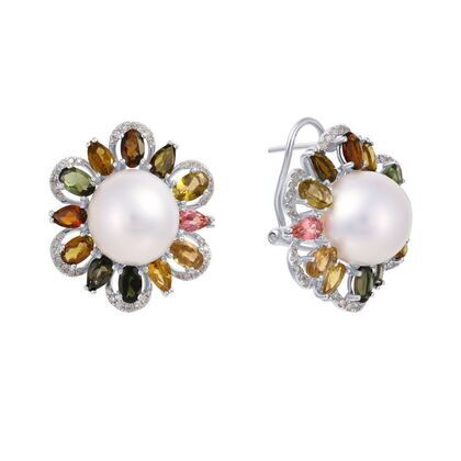 Серьги из белого золота 750 пробы с жемчугом к. морским, бриллиантами и турмалинами