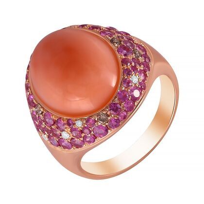 Кольцо из розового золота 585 пробы с кораллом, бриллиантами и сапфирами (17,75)