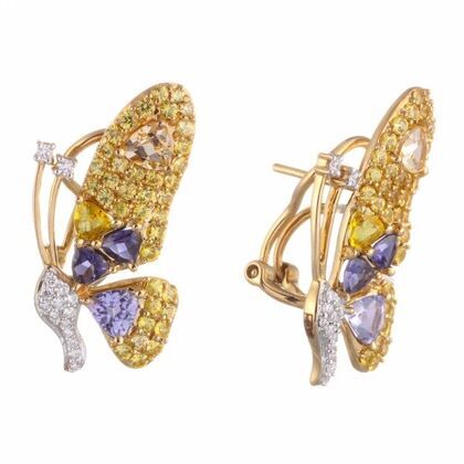 Серьги из золота 585 пробы с бриллиантами, танзанитами, сапфирами, иолитами и цитринами