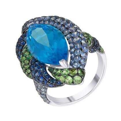Кольцо из белого золота 585 пробы с сапфирами, цаворитами и топазом (17,75)