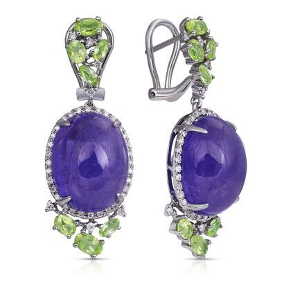 Серьги из белого золота 585 пробы с танзанитами, бриллиантами и перидотами