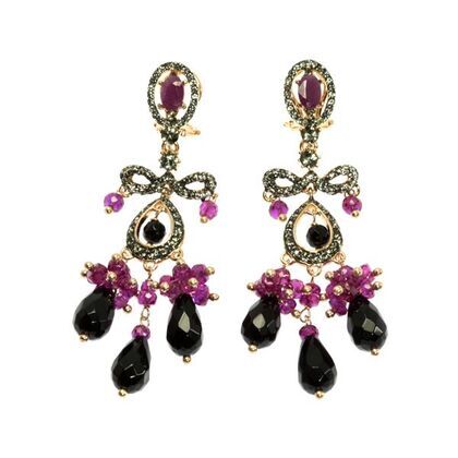 Серьги из серебра 925 пробы с ониксом, рубинами и фианитами