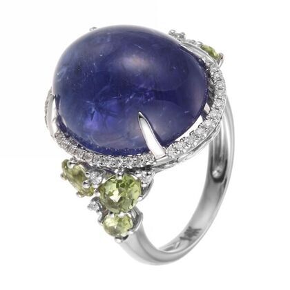 Кольцо из белого золота 585 пробы с танзанитом, бриллиантами и перидотами (17,5)