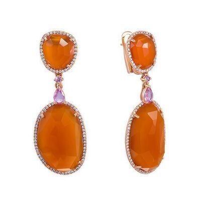 Серьги из золота 585 пробы с корнеолами, бриллиантами и сапфирами
