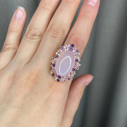 Кольцо из розового золота 585 пробы с кварцем, бриллиантами, сапфирами и аметистами (17,5)