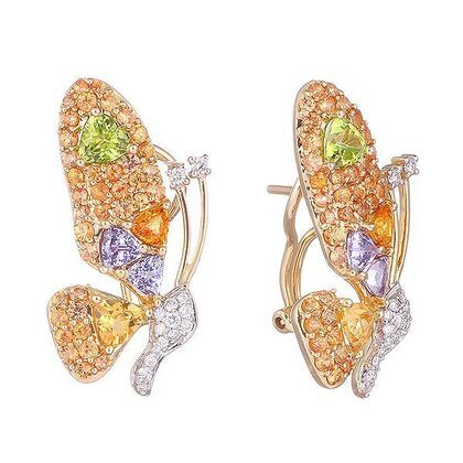 Серьги из золота 585 пробы с перидотами, бриллиантами, сапфирами, танзанитами и цитринами