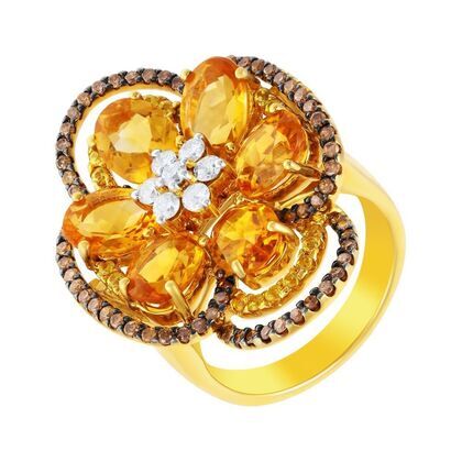 Кольцо из золота 750 пробы с бриллиантами, сапфирами и цитринами