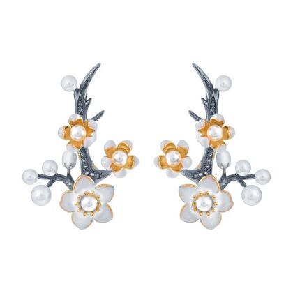 Серьги из серебра 925 пробы с культивированным жемчугом, фианитами, перидотами и эмалью