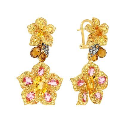 Серьги из золота 585 пробы с сапфирами, раухтопазами, турмалинами и цитринами