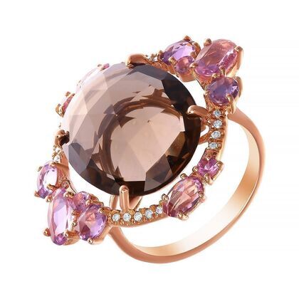 Кольцо из розового золота 585 пробы с бриллиантами, сапфирами, аметистами и раухтопазом (17)