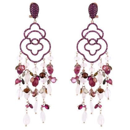 Серьги из серебра 925 пробы с халцедонами, рубинами облагороженными, турмалинами и фианитами