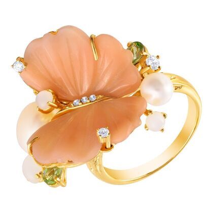 Кольцо из серебра 925 пробы с агатом, культивированным жемчугом, лунным камнем (адулярами) и фианитами (17,5)