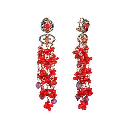 Серьги из серебра 925 пробы с кораллами, корундами, родолитами и фианитами