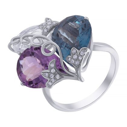 Кольцо из белого золота 585 пробы с топазами лондон, бриллиантами, аметистом и празиолитом