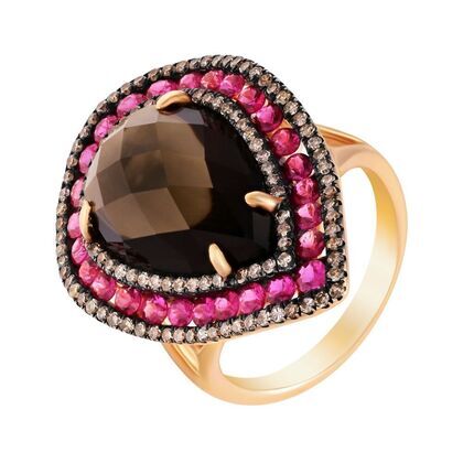 Кольцо из розового золота 585 пробы с бриллиантами, сапфирами и раухтопазом (17,5)