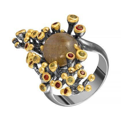 Кольцо из серебра 925 пробы с лабрадоритами, гранатами и перидотами (17,5)
