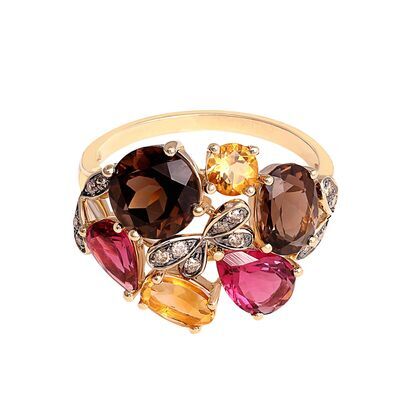 Кольцо из золота 585 пробы с бриллиантами, раухтопазами и цветными полудрагоценными камнями (17)