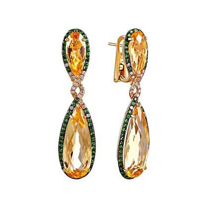 Серьги из золота 585 пробы с бриллиантами, цаворитами и цитринами