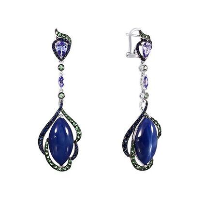 Серьги из белого золота 585 пробы с с выращенными звездчатыми сапфирами, танзанитами и цаворитами