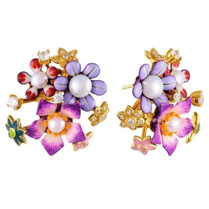 Серьги из серебра 925 пробы с культивированным жемчугом, фианитами и эмалью