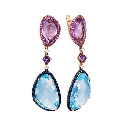 Серьги из розового золота 585 пробы с цветными полудрагоценными камнями, бриллиантами и сапфирами