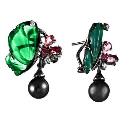 Серьги из серебра 925 пробы с агатом, жемчугом майорика и фианитами