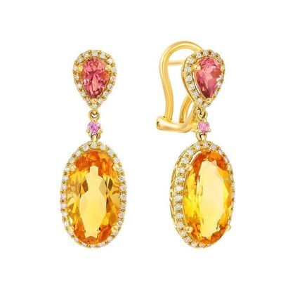 Серьги из золота 585 пробы с бриллиантами, сапфирами, турмалинами и цитринами