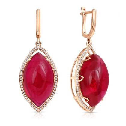 Серьги из розового золота 585 пробы с рубинами выращенными и бриллиантами