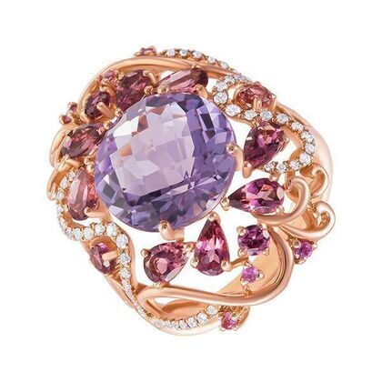 Кольцо из розового золота 585 пробы с аметистом, бриллиантами, сапфирами и цветными полудрагоценными камнями (17)