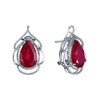 Серьги из белого золота 585 пробы с рубинами выращенными и бриллиантами