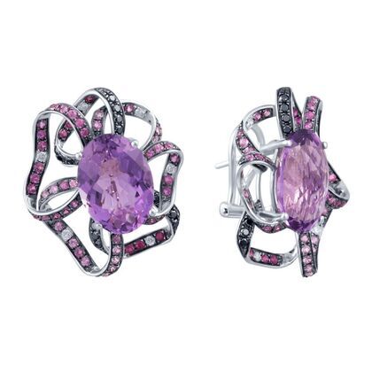 Серьги из белого золота 585 пробы с аметистами, бриллиантами облагороженными и сапфирами