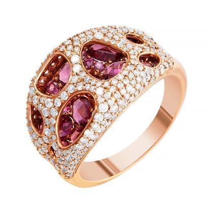 Кольцо из розового золота 585 пробы с родолитами и бриллиантами (17,5)