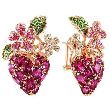 Серьги из розового золота 585 пробы с родолитами, бриллиантами, сапфирами и цаворитами