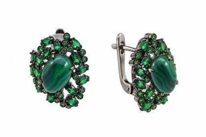 Серьги из серебра 925 пробы с малахитами и фианитами