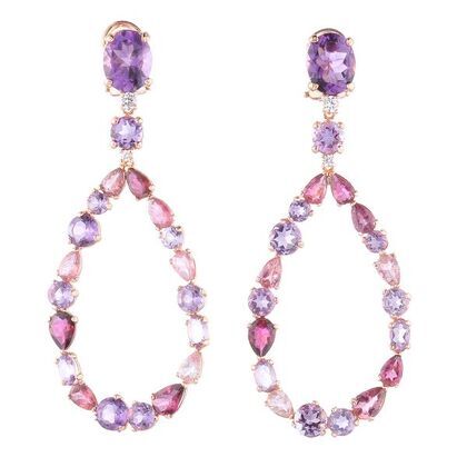 Серьги из серебра 925 пробы с аметистами, турмалинами и фианитами
